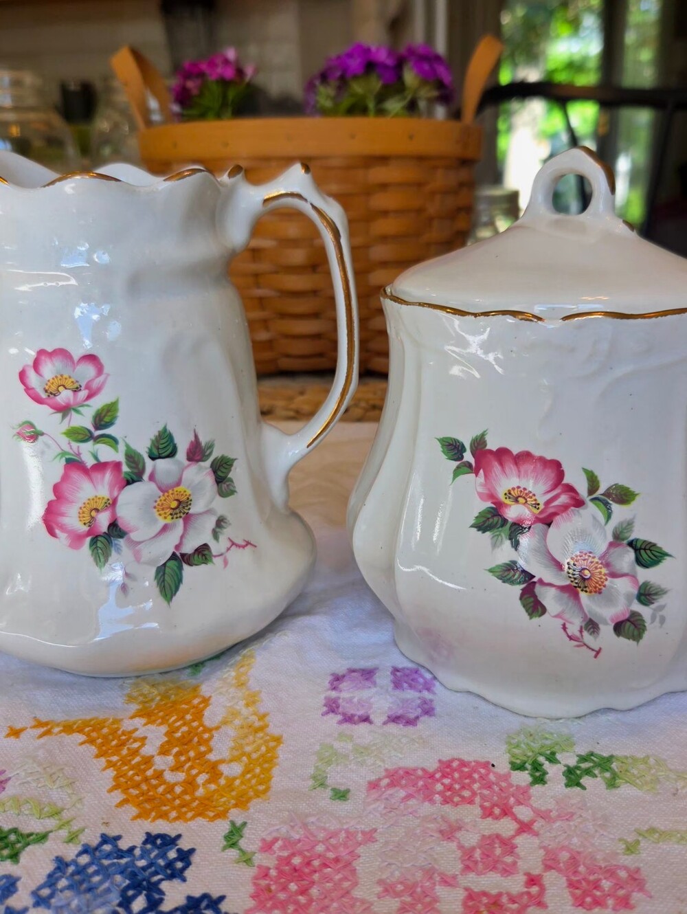 3 Pc. House of Webster Briar Rose Biscuit And Cream Set Farmhouse Granny Chic